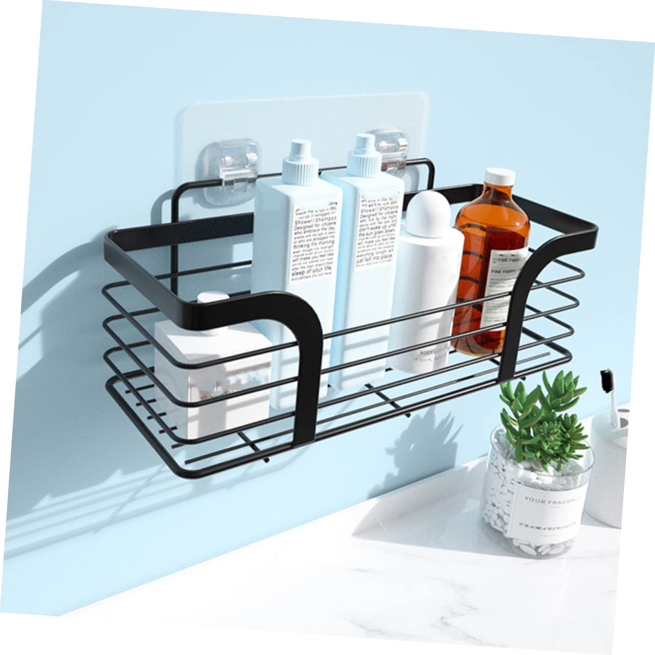 LIFKOME Estanteria Baño Ducha Adhesivo de Acero Inoxidable Negro, Instalación sin Taladro, Esquinas Redondeadas, Adecuado para Almacenamiento Baño y Ducha