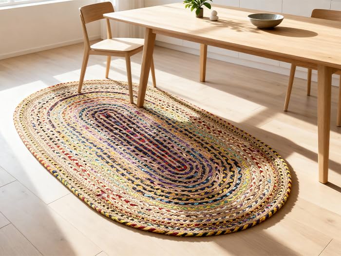 Craft Trade Bunt Boho Jute Teppich Reversibel Geflochten Handgewebt Oval Flickenteppich für Küche Wohnzimmer und Schlafzimmer- 120 x 180 cm