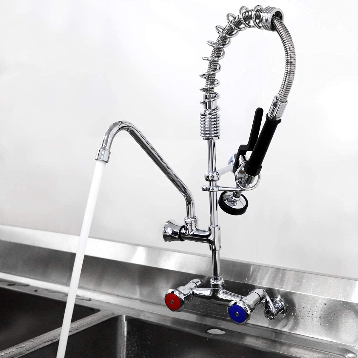 Black Friday - 40% OFF MaxSen Wall Mount Commercial Kitchen Sink Faucet 4-8 Inch Adjustable Center Kitchen Brass Mini Pre Rinse Unit,25'' Height With High Pressure Pull Down Spray And Add on Spout (6813L)