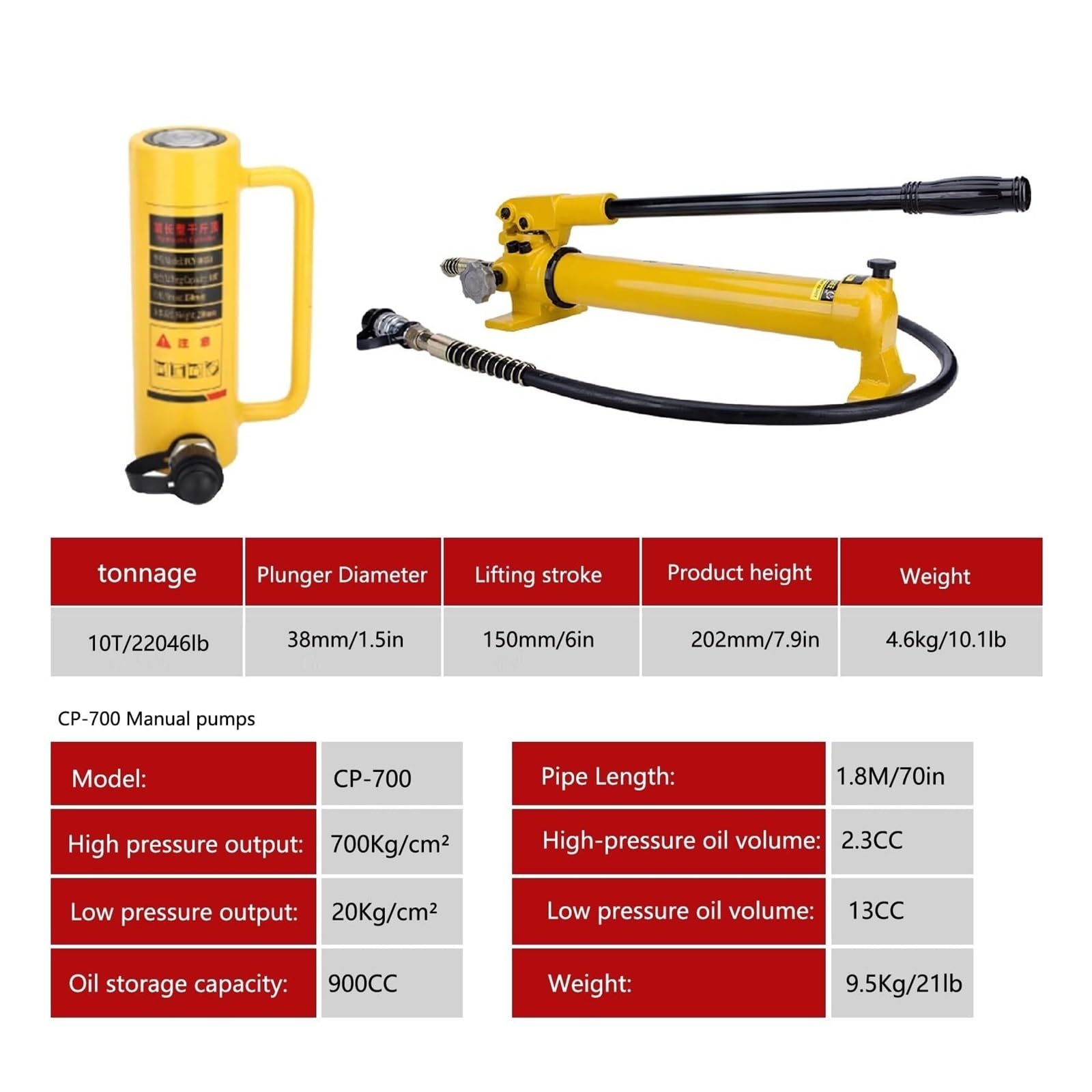 Jack podnośnik z pompką ręczną, skok 150 mm / 6 cali, z automatycznym wycofaniem, odpowiedni do mostów, maszyn, stali i innych gałęzi przemysłu (gniazdo 10T)