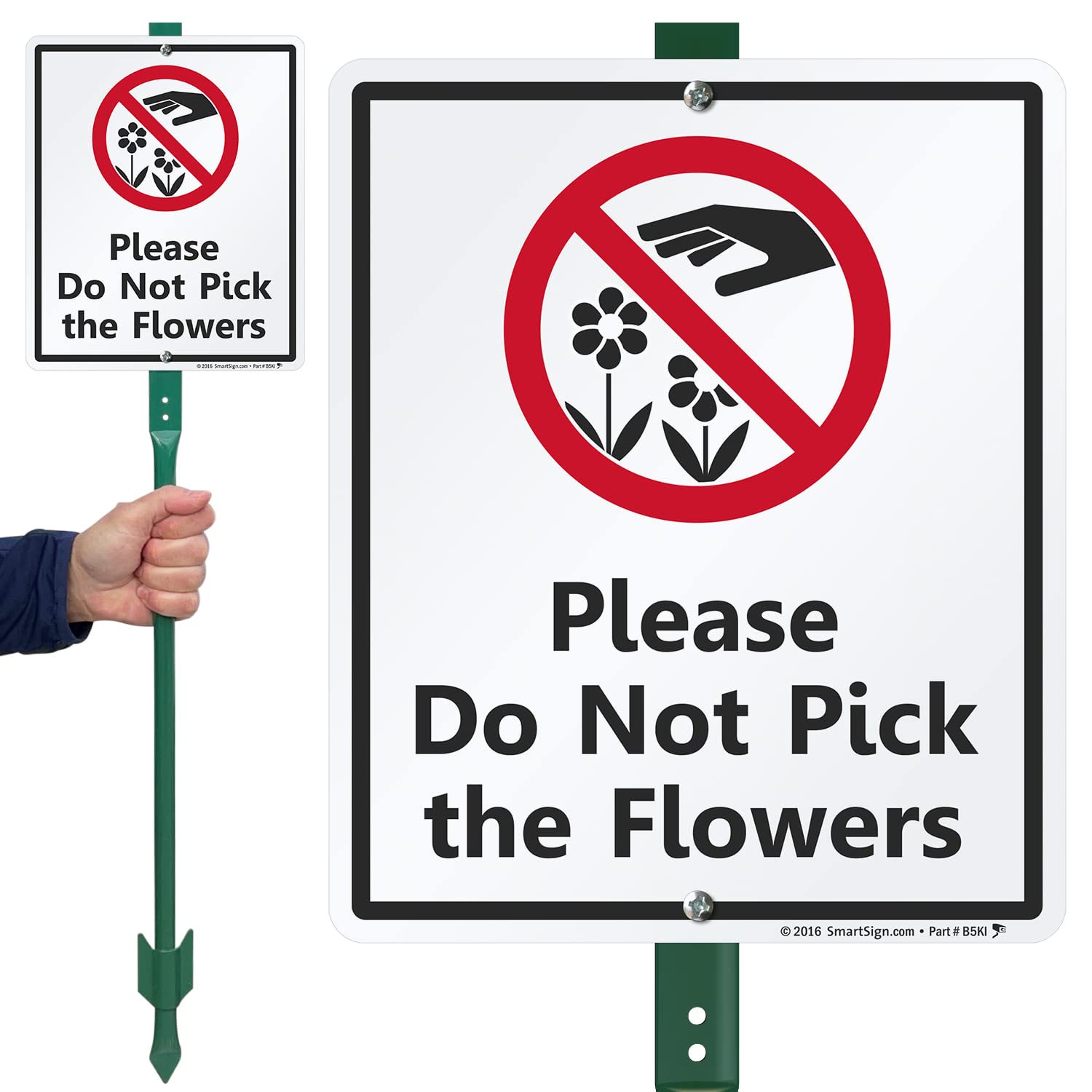SmartSign Letrero de jardín "Please Do Not Pick The Flowers" con estaca de 3 m, aluminio laminado a prueba de herrumbre de 40 mil, rojo, negro y blanco, juego de 1