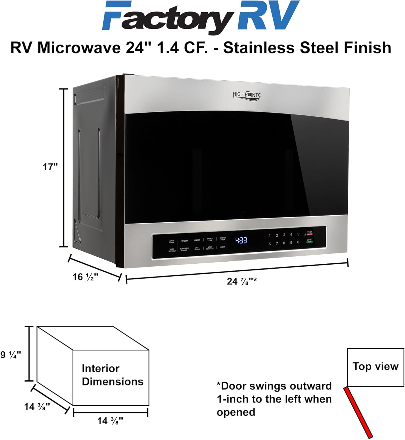 Tough Grade 1.4 Cu. Ft. Stainless Steel Over-the-Range RV Microwave Oven | 1000W, 120V | Left Swing Door | Built-In Vent and Light | Auto Cook/Defrost | Touchpad Controls | Includes Mounting Kit