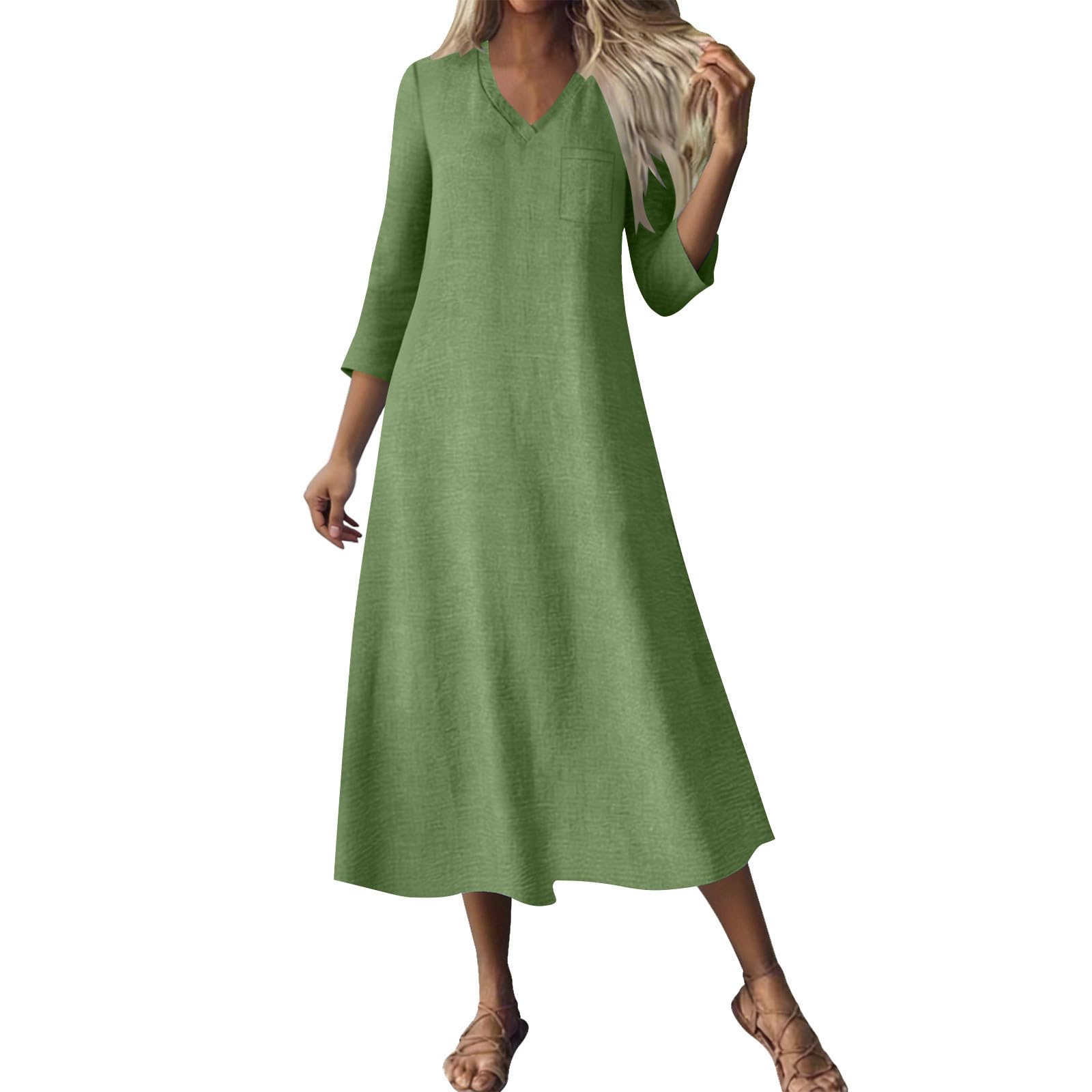 RLEHJN Maxikleider Damen Sommer,Langarm V-Ausschnitt Sommerkleid Boho Kleid Einfarbige Lang Strandkleid Leicht Und Luftig Leinenkleider Freizeitkleid Elegant Casual Kleider Baumwollkleid