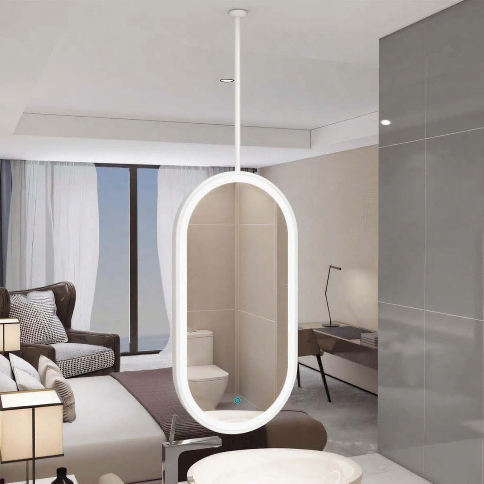 FGXHHS Oval Ceiling Hanging Mirror, LED Lighted Suspended Bathroom Mounted Mirror with Customizable Boom, Vanity Shaving Makeup Mirrors, Clear and Practical(40cmx70cm)