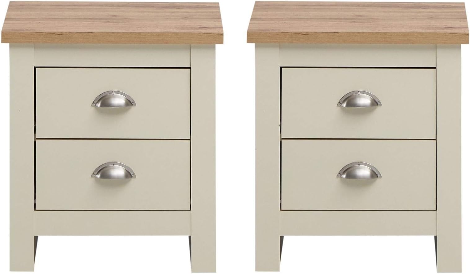 Timber Art Design UK Lisbon 2x Bedside Table Cabinet with Chrome Cup Handles Storage Unit For Bedroom, Living Room, Hallway Nightstand with 2 Drawer, Cream - 45D x 45W x 51H cm