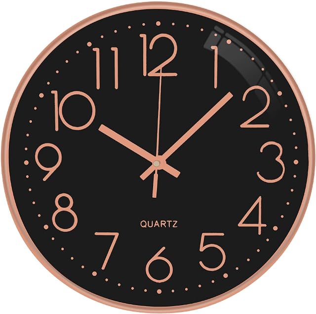 Outpicker Wall Clock Silent Non Ticking Clock 12 Inch Battery Operated Wall Clocks for Living Room Modern Bedrooms Office Kitchen Clock (Black-rose Gold)