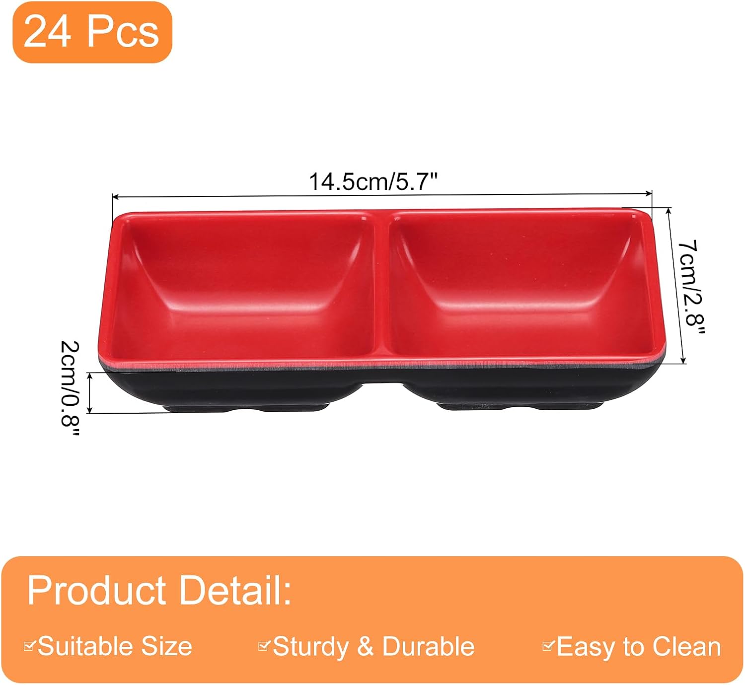 uxcell 24Pcs MF Square Dipping Bowls, Small Black Red Side Dish Bowls with 2 Compartment Divided Seasoning Plate Soy Dishes for Condiment Desserts Home BBQ Party Picnic Restaurant