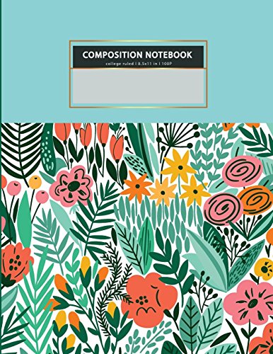 College ruled COMPOSITION NOTEBOOK l 8.5x11 in l 100 P: Mint green tropical plant flower,writing note book for...