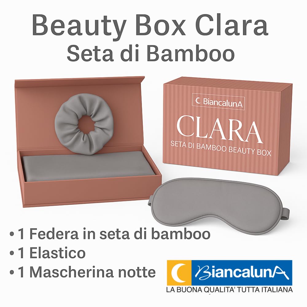 BIANCALUNA | Beauty Box Clara |Set in Seta di Bamboo Federa - Elastico - Mascherina | Ipoallergenico | Traspirante | Sostenibile | Elegante | Morbido | 100% Seta di Bamboo (GRIGIO)