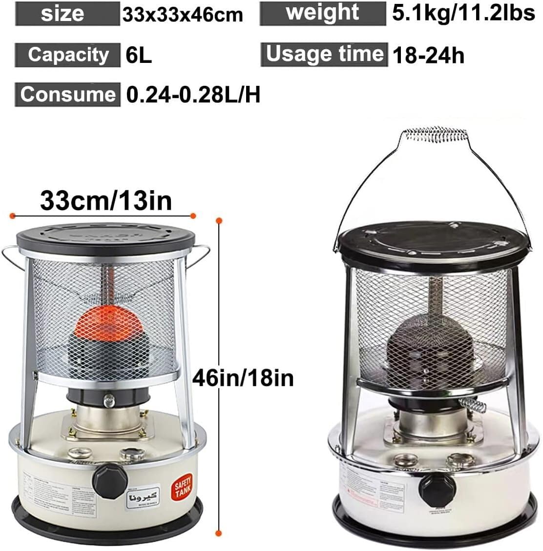 Raumheizungen Kerosinofen-Raumheizung, tragbarer Campingkocher-Brenner mit Tasche und Dochten, 6 l/4,6 l Ölheizungen for den Außenbereich, Edelstahlgewebe (Size : White6L)