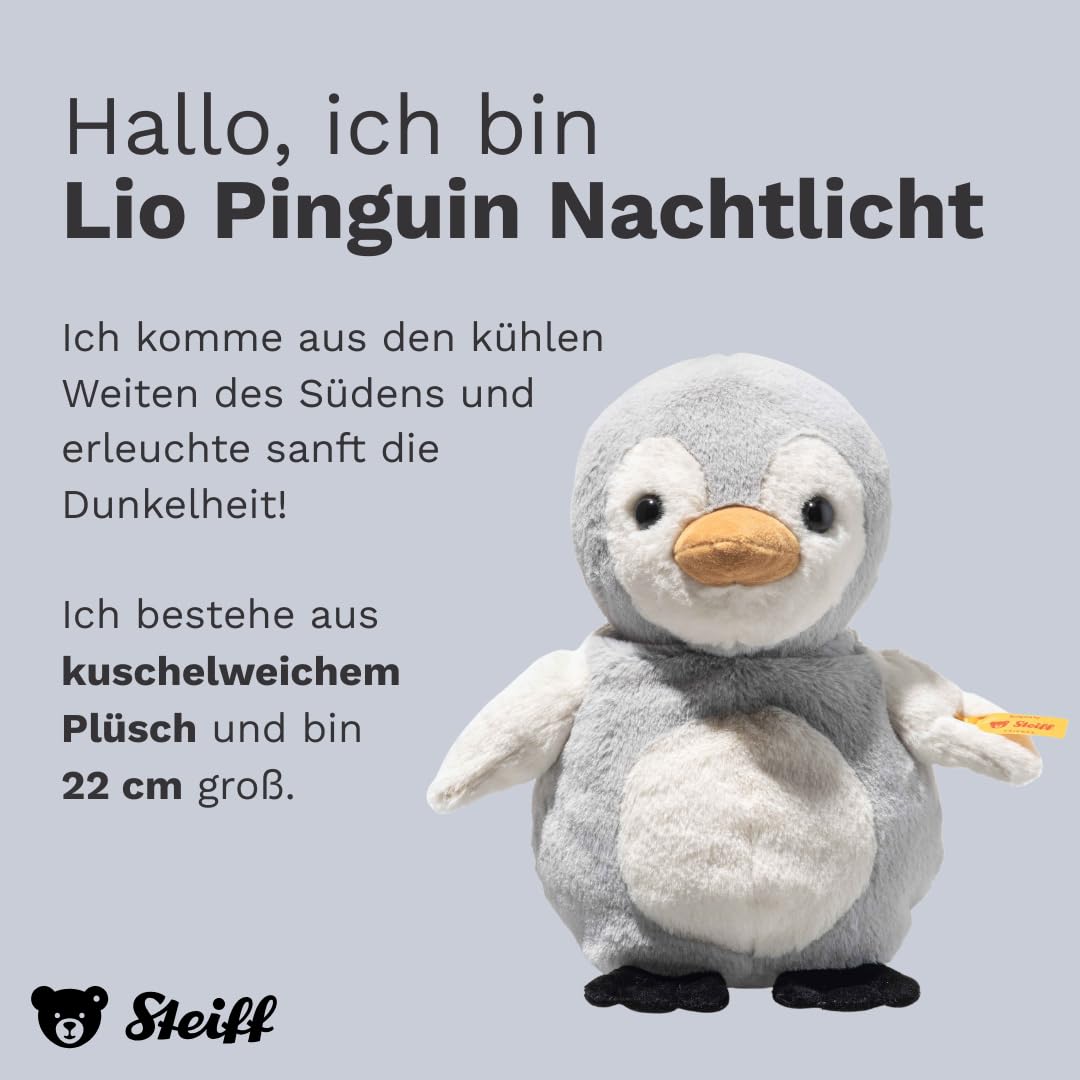Steiff Kuscheltier mit Nachtlicht Lio Pinguin, Süßes Stofftier mit Kunststoffaugen, Kinder, Jungen & Mädchen, Friends, 22 cm, Hellgrau, 242847