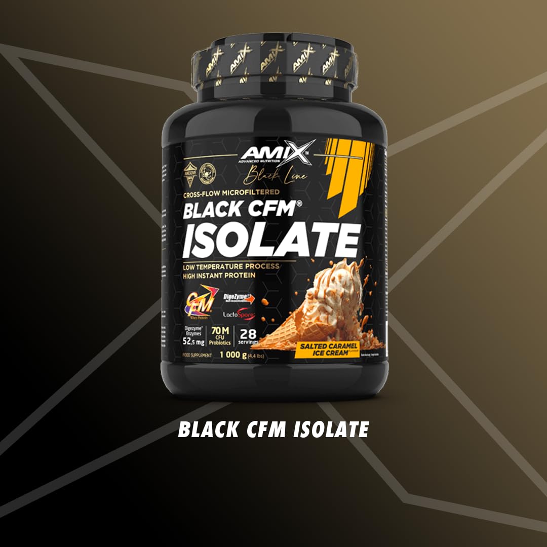 Amix | BLACK CFM ISOLATE Protein - Aide au maintien de la masse musculaire - Avec enzymes digestives - Digestion facile - Absorption rapide - Poudre de protéines - 1 Kg - Goût caramel-salé