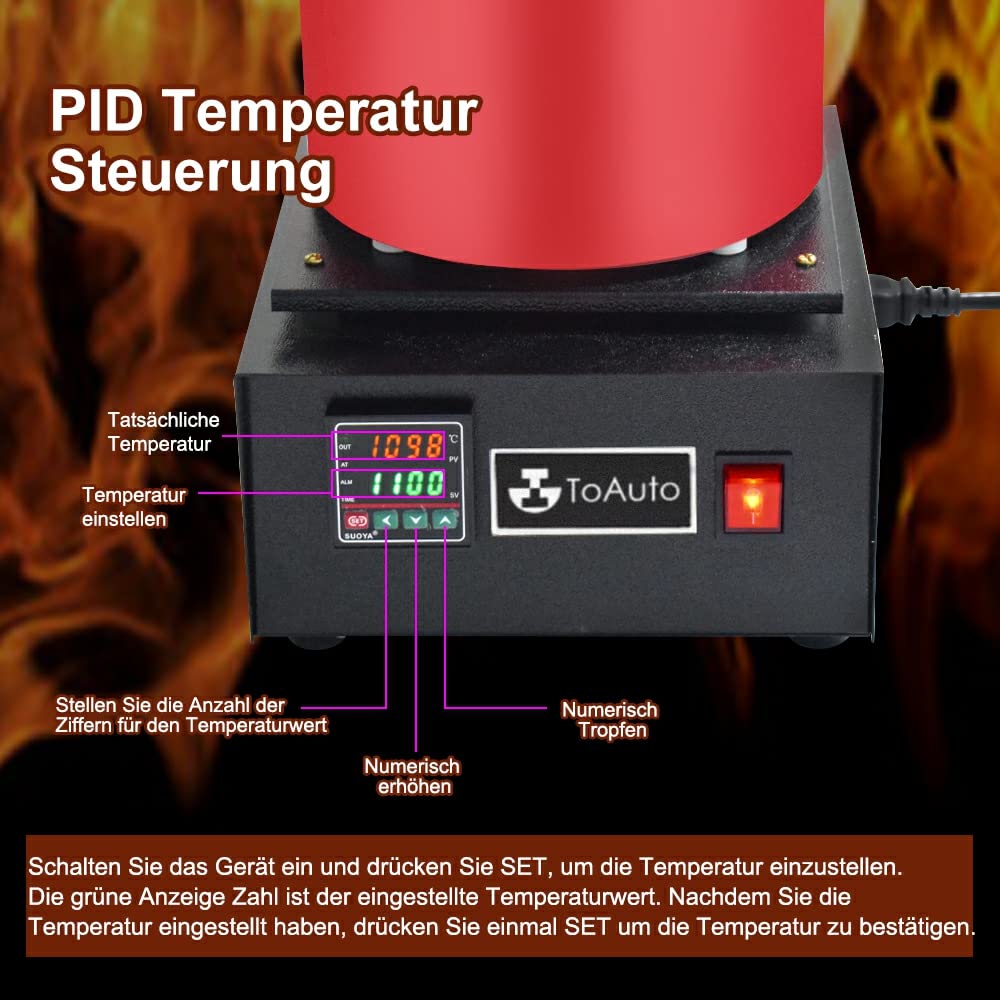 TOAUTO 3KG Digitale Schmelzofen 1400W 2000F, Automatischer Schmelzofen Kit mit Graphittiege und Graphit Barrenform, Schmelz Silber, Gold, Kupfer, Aluminium