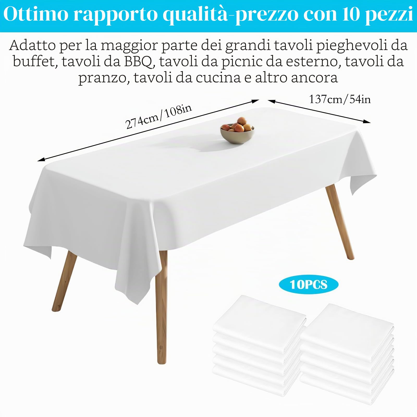Confezione da 10 tovaglie monouso bianche rettangolari in plastica 137 cm x 274 cm, per compleanni, matrimoni, feste, barbecue, picnic