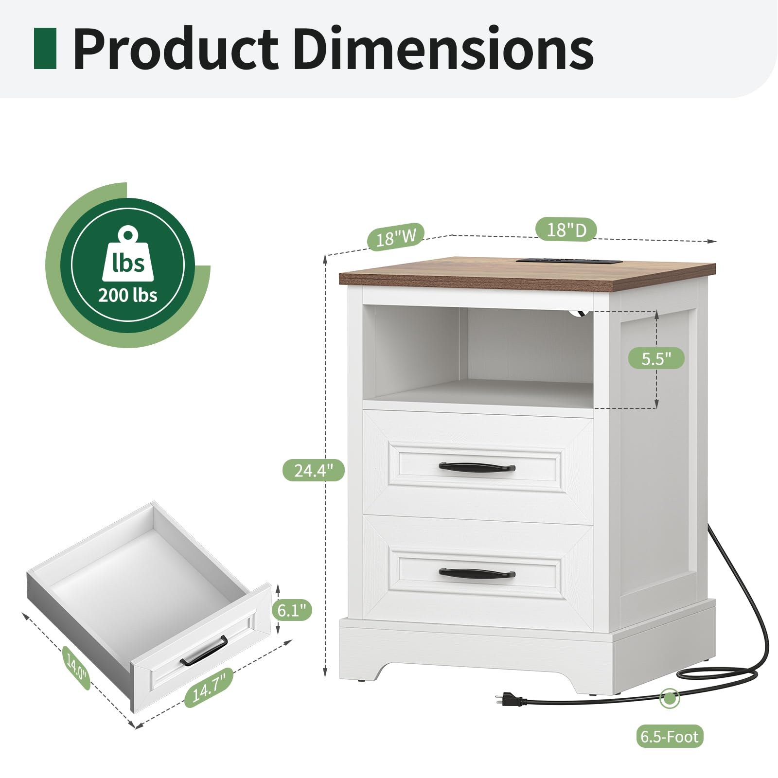 Condition photo showing New/Like New for farmhouse nightstand with charging station, wood night stand with drawers, bedside table, nightstands with open storage shelf, rustic night stands for bedroom, closet, 18" wide, 24" tall