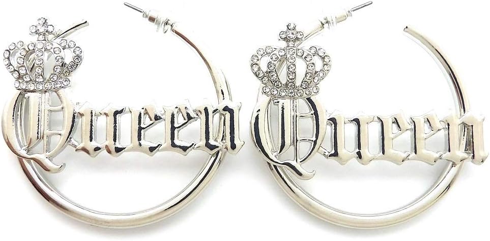 CBC Crown Queen Word With Crown Hoop Earring in Gold or Rhodium Tone