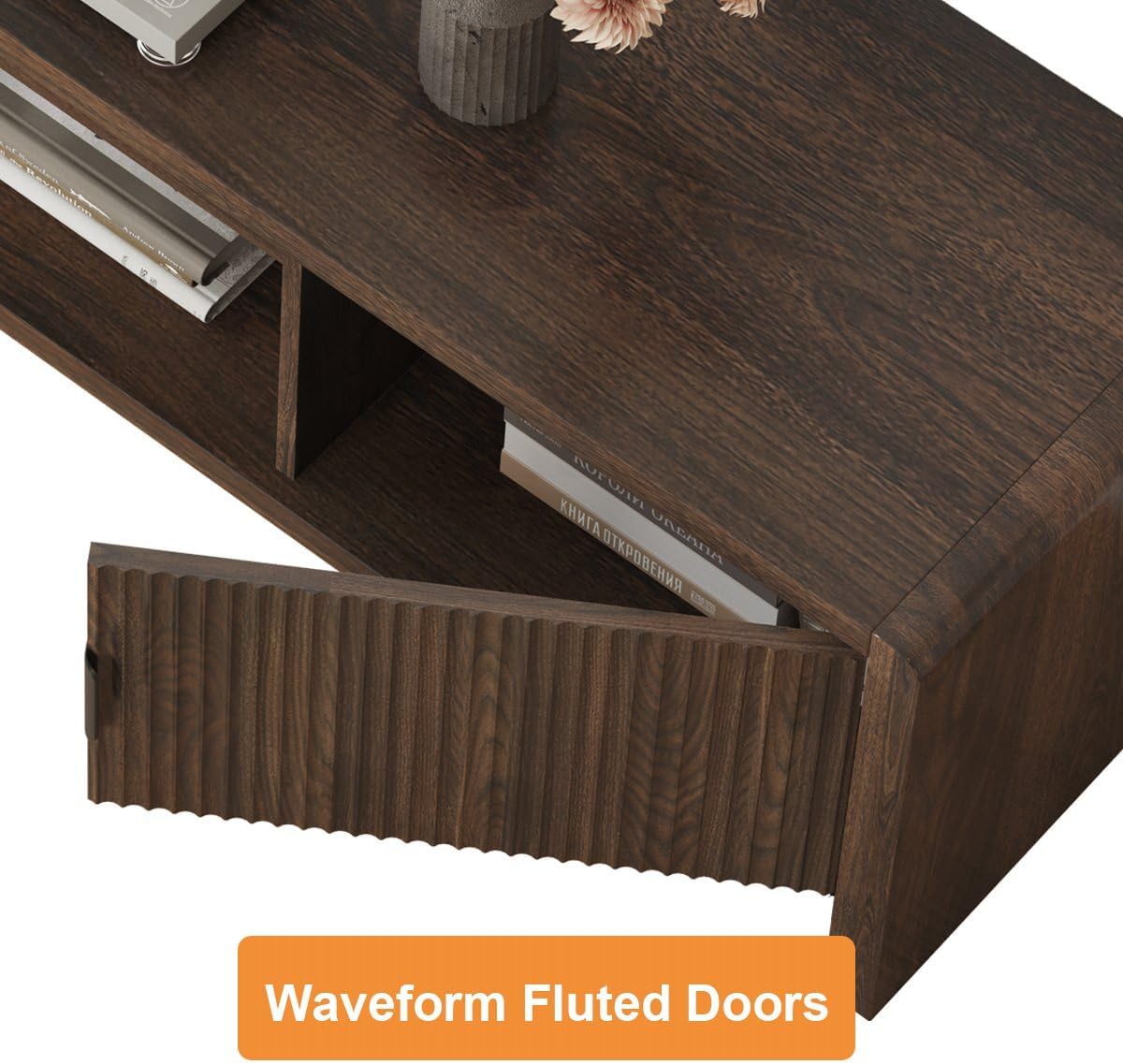 FATORRI TV Stand with 2 Doors and 5 Cube Bookshelf for Living Room Bedroom (Dark Walnut)