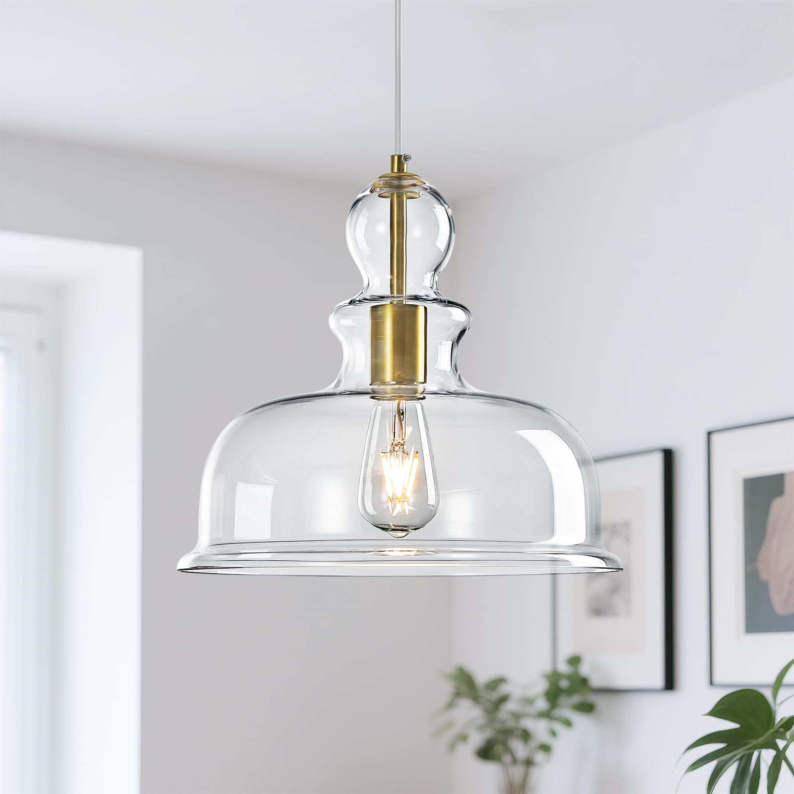 Lámparas de cristal transparentes en forma de campana, lámparas colgantes modernas con acentos dorados, ideales para la iluminación de cocinas, comedores y dormitorios (Gold-C)