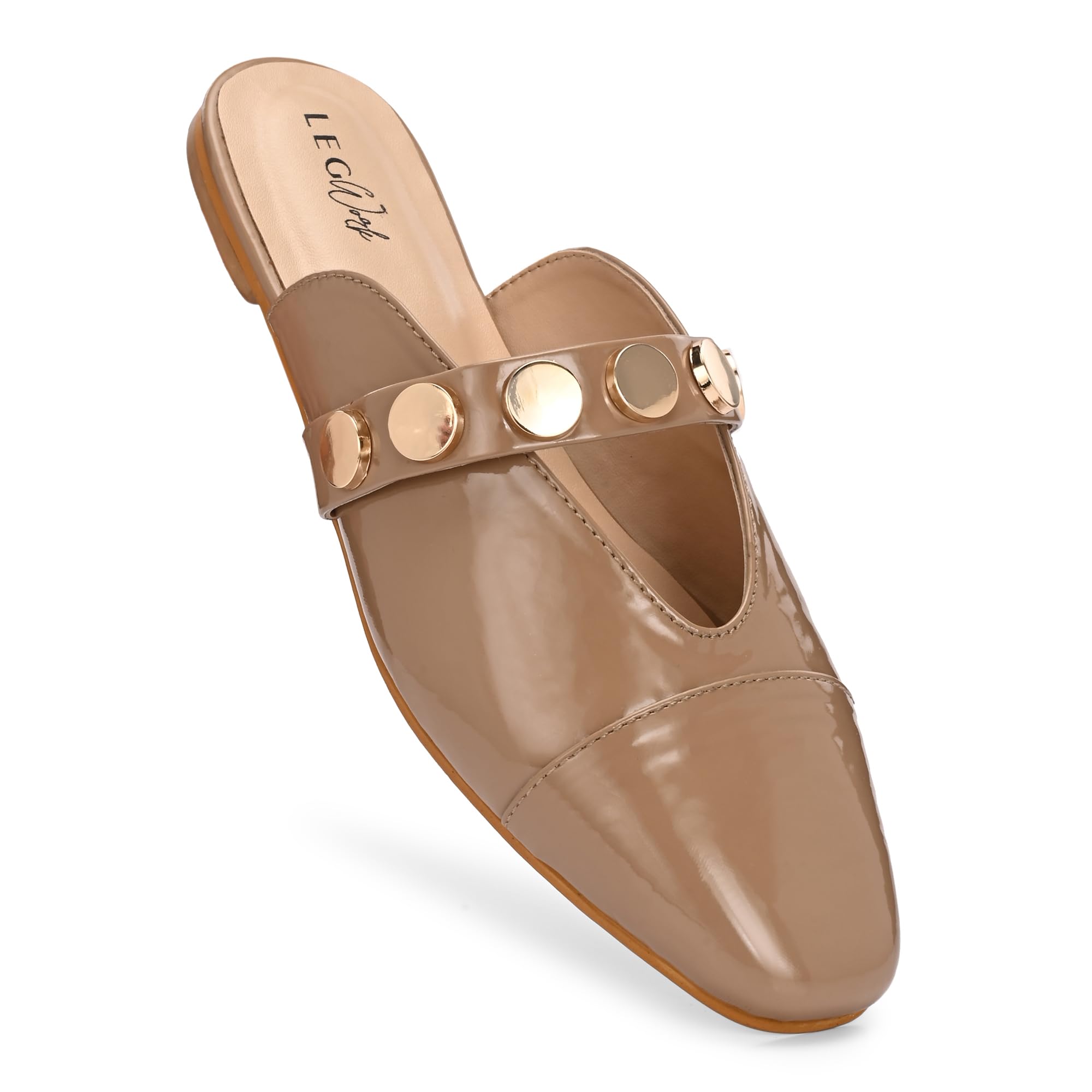 Women's Patent Flat Mule with Gold Coin Studs | Backless Slip-On Closed Toe Flat Shoes | Cap-Toe Embellished Loafer Mule | Office Casual Party Footwear | Beige | UK 3-8-image-6