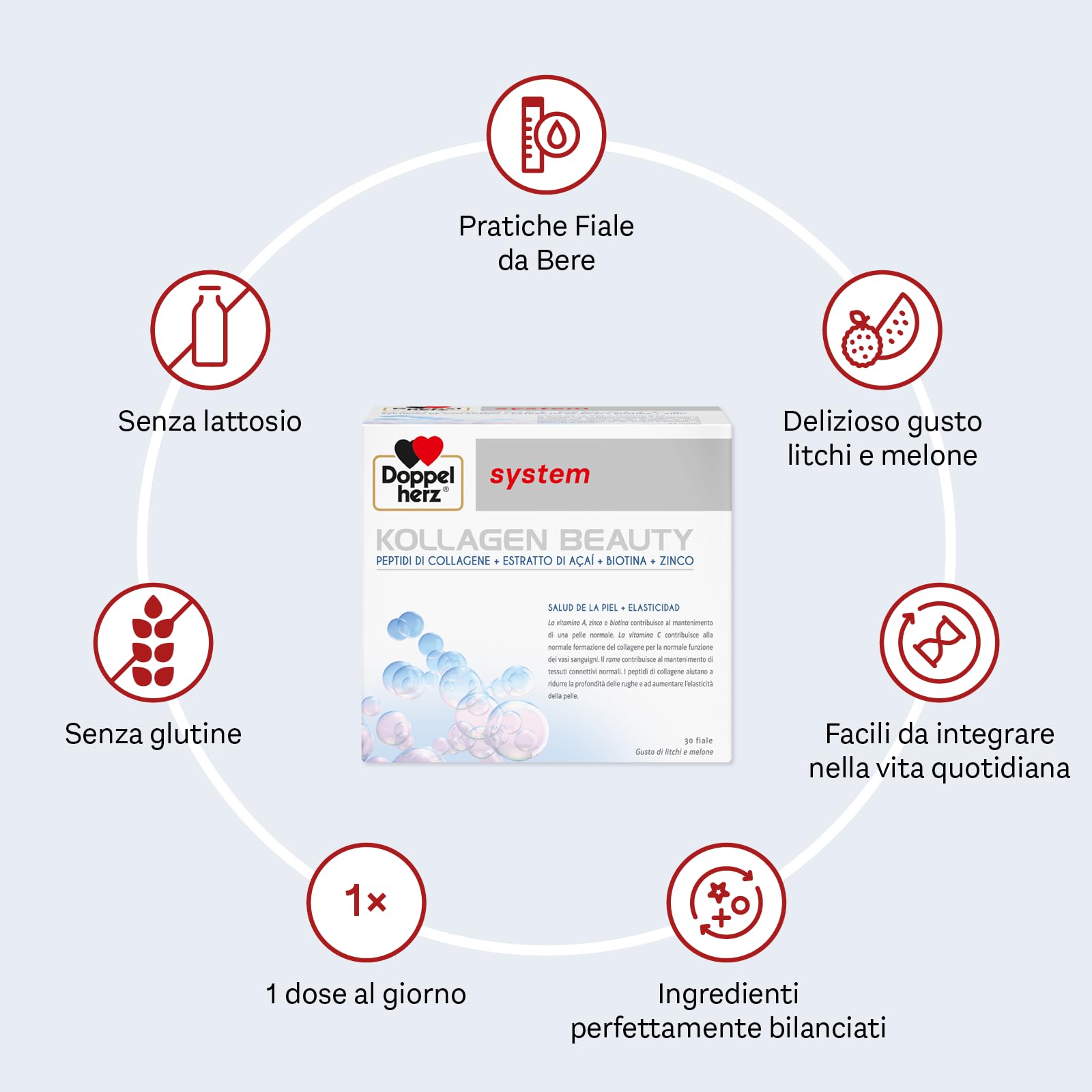 Doppelherz system KOLLAGEN BEAUTY, Collagene da Bere per la Pelle, 30 Fiale | I peptidi di collagene aiutano a ridurre le rughe e le linee sottili e favoriscono l'elasticità della pelle, Pronto da bere