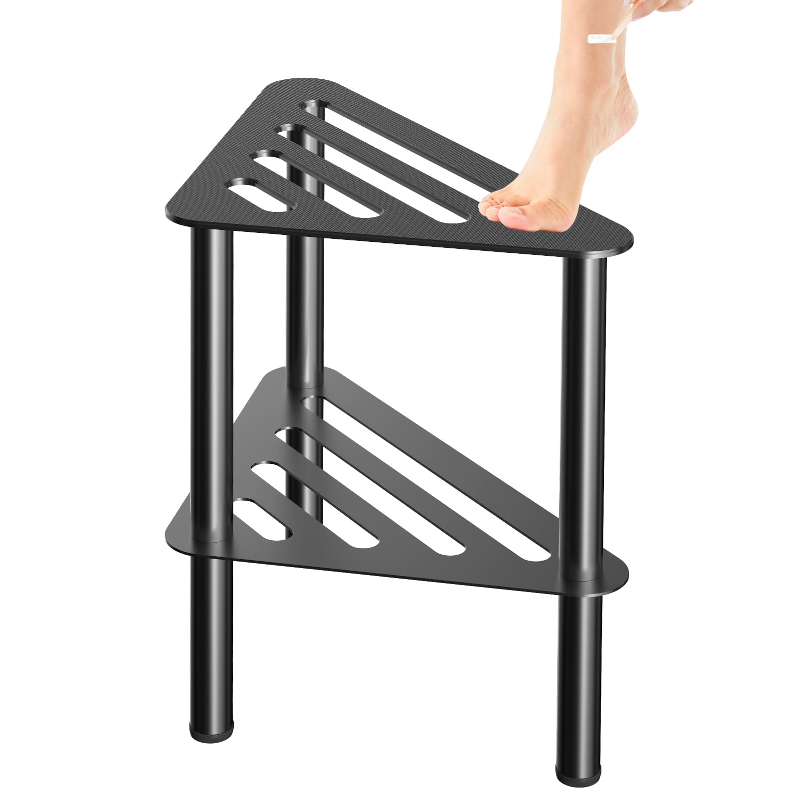 WINSTECK Rust-Proof Metal Corner Shower Stool for Shaving Legs, Shower Foot Rest Bench for Inside Shower with Storage Shelf, Small Step Stools, Non-Slip Bath Stool (Black Light)