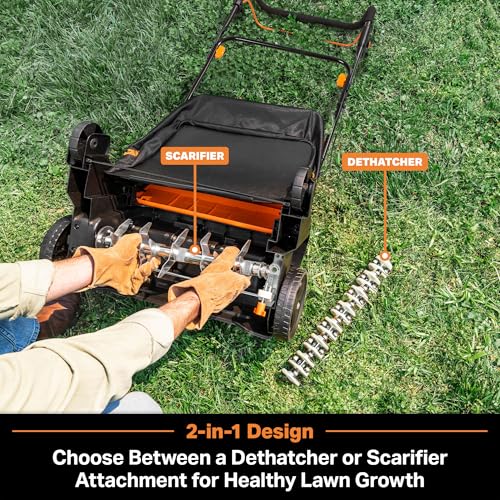 Image of LawnMaster 48V MAX Brushless 16 inch 2-in-1 Cordless Dethatcher and Scarifier with Removable Thatch Collection Bag Quick-Fold - CLGVB4816 | Removable Thatch Collection Bag, Quick-Fold