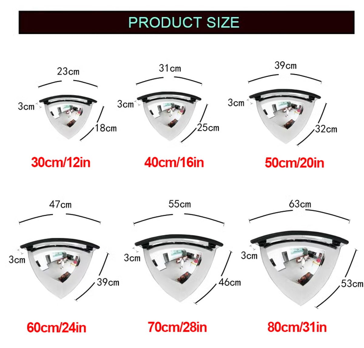 DOCIM Cuarto Domo Espejo de Seguridad y Seguridad, Espejo de Seguridad para Tiendas Minoristas y Almacenes, Espejo para Puntos Ciegos y Áreas de Alto Tráfico,60cm/24in