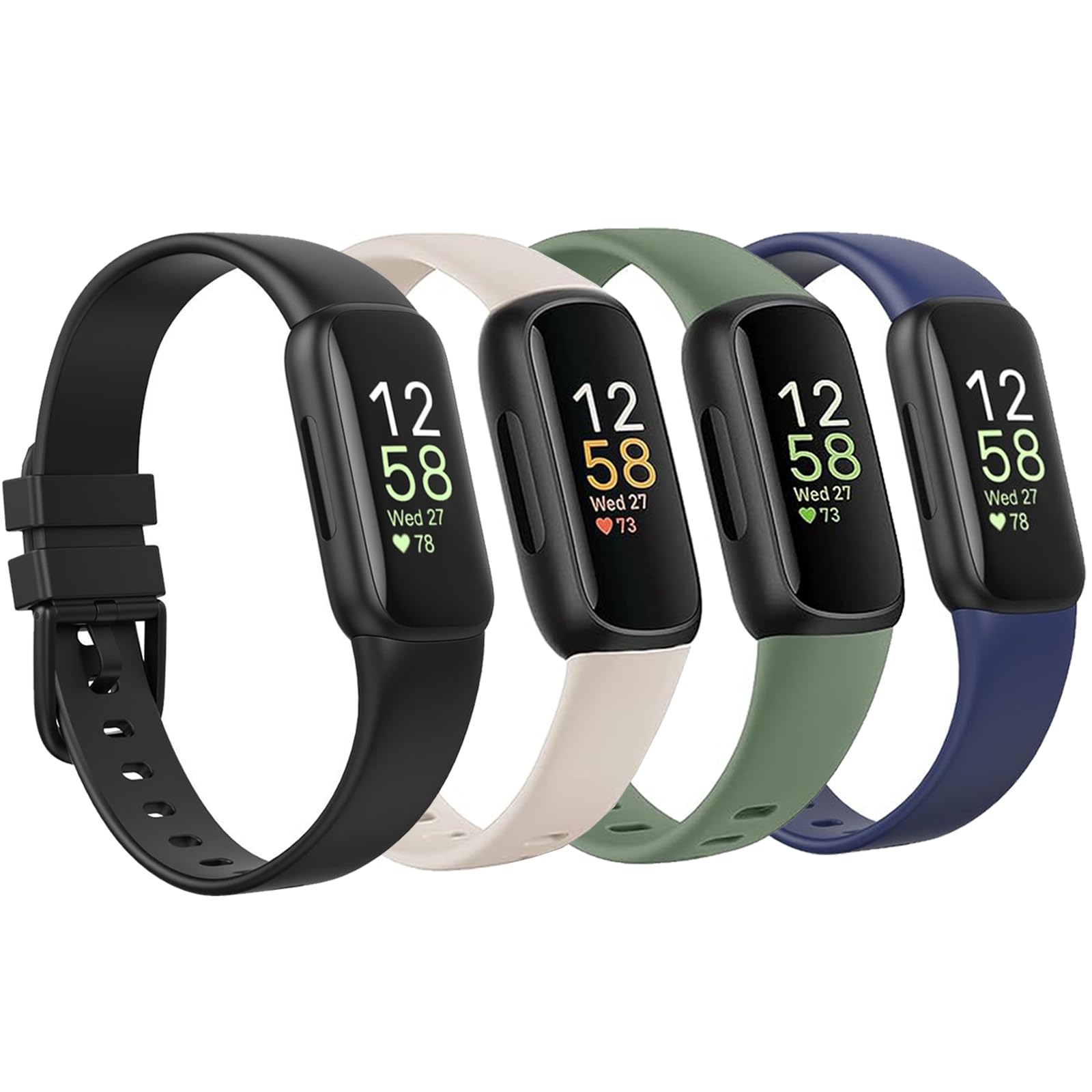 Newremote 4 Pack Waterproof Straps fit for Fitbit inspire 3 Straps for Women Men, Classic Soft Sports Replacement Strap for Women Men (Black/Starlight/Green/Navy, Small 5.5"-7.1")