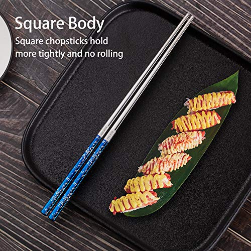 Titanium Plated Chopstick Stainless Steel Chopsticks Metal Chopsticks Reusable Dishwasher Safe Premium Laser Engraved Chop Sticks For Eating 2 Pairs Gift Set Blue Silver #TOP3