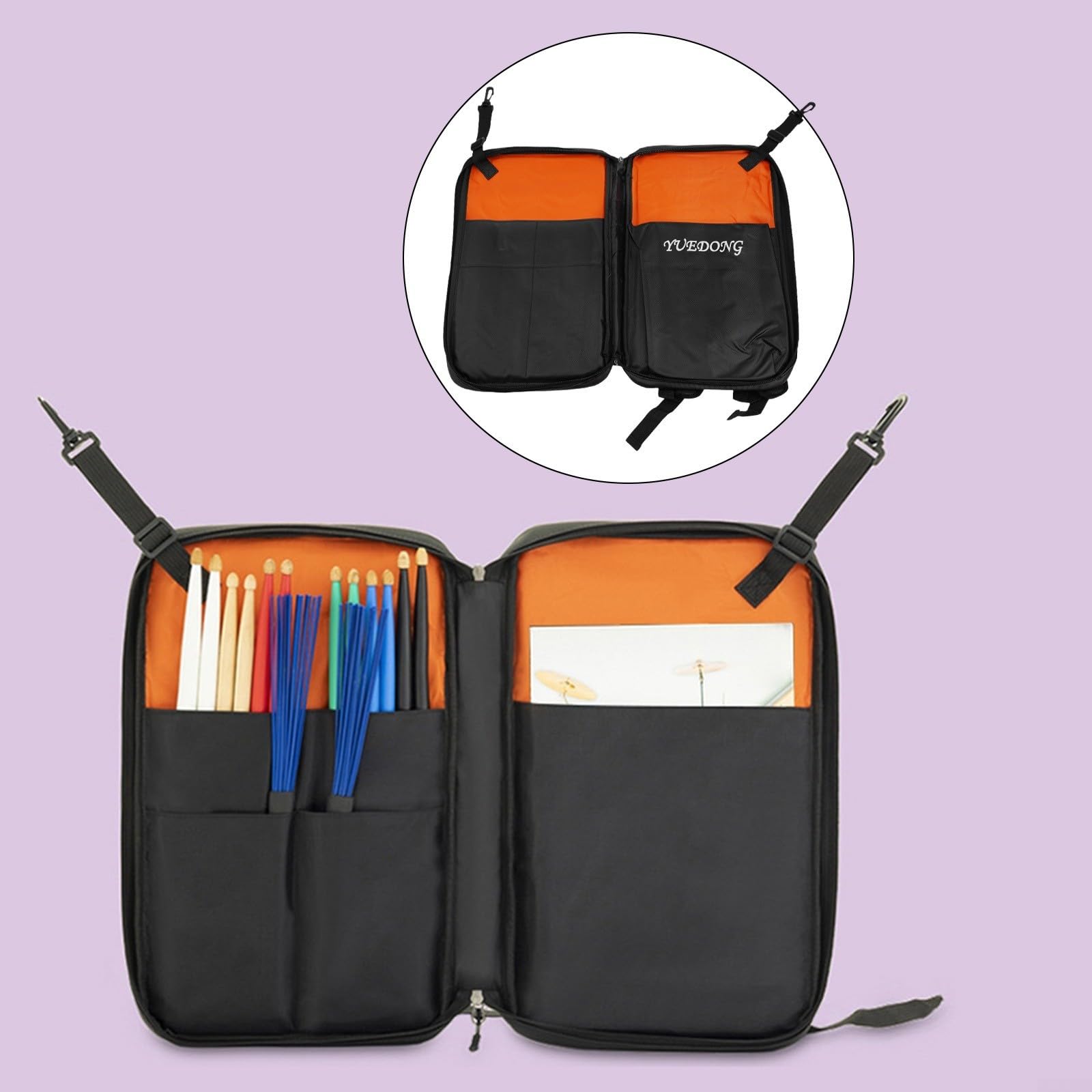 Zaino per bacchette da batteria, custodia imbottita in tessuto Oxford con doppio scomparto per batteria, spartiti e accessori, nero, 45 x 26 x 4 cm