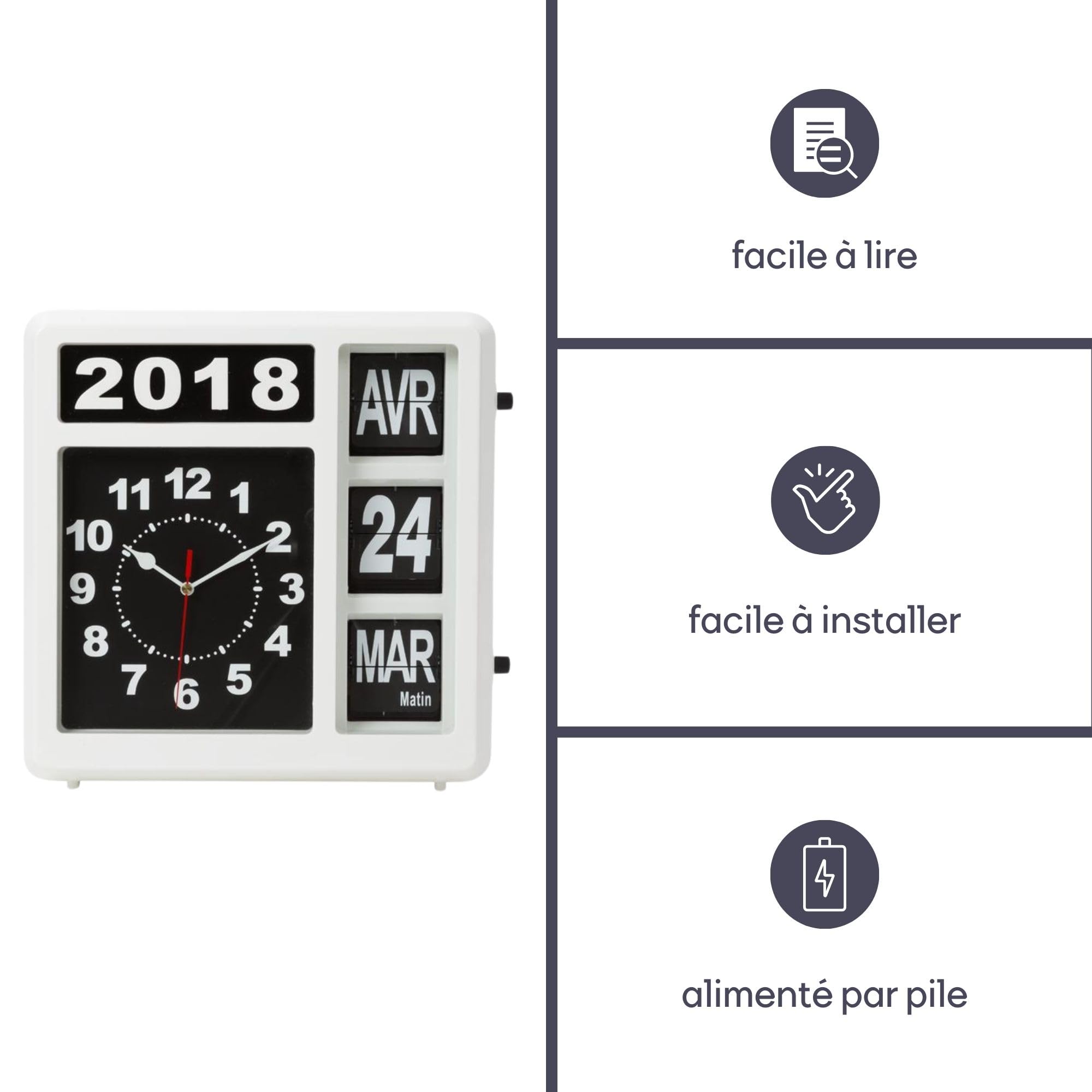 Perel Horloge carrée avec Calendrier à Bascule, idéale pour Les malvoyants et Les Personnes atteintes d'Alzheimer ou de démence, analogique, 31 x 31 cm, Blanc/Noir, Version française