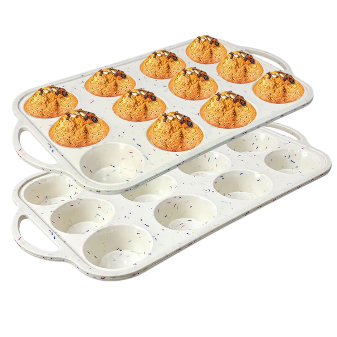 Molde De Silicona Porosa Molde Redondo Para Pan 2 Piezas Moldes Para Magdalenas Molde Para Pastel De 12 Cavidades Silicona Con Anillo De Acero Incorporado Blanco Roto