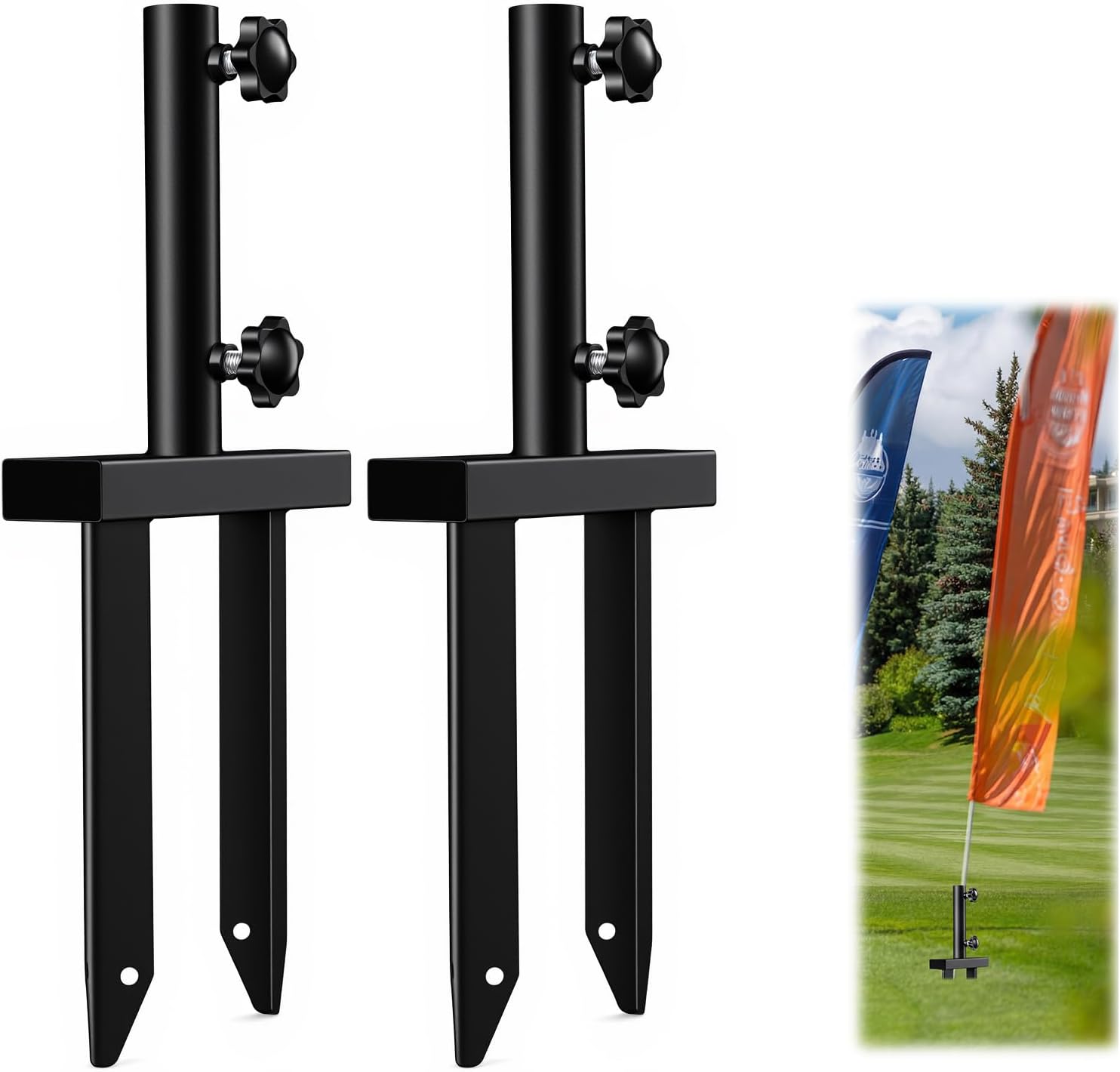 Pelopy 2 Pack Flag Spike Ground Stake 13.78 Inch Heavy Duty Ground Spike Flag Pole Holder Metal Stakes with Adjustable Knob Feather Flags Base Fits Poles with 1" Inner Diameter for Outdoor Lawn Garden