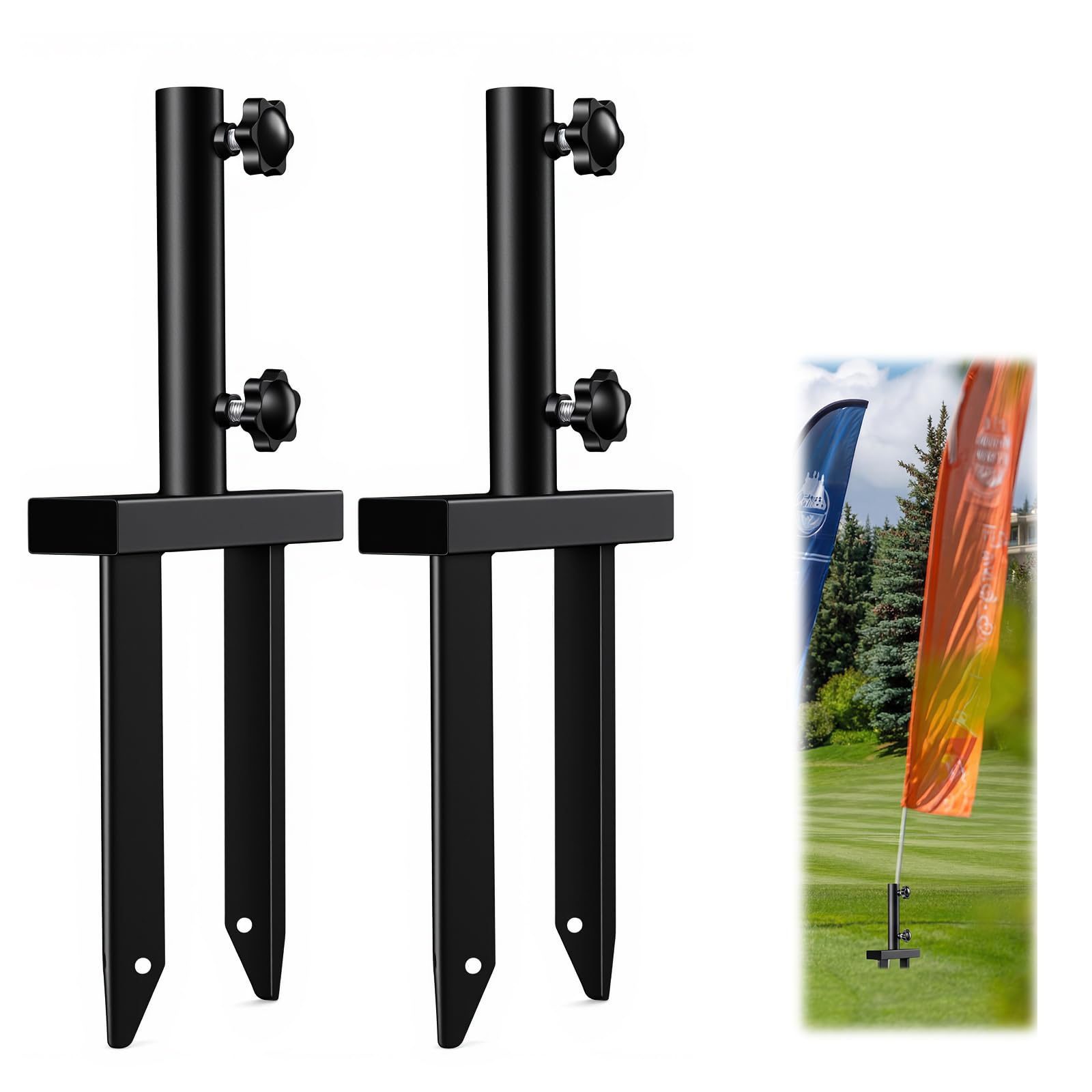 Pelopy 2 Pack Flag Spike Ground Stake 13.78'' Heavy Duty Ground Spike Flag Pole Holder Metal Stakes with Adjustable Knob Feather Flags Base Fits Poles with 1" Inner Diameter for Outdoor Lawn Garden
