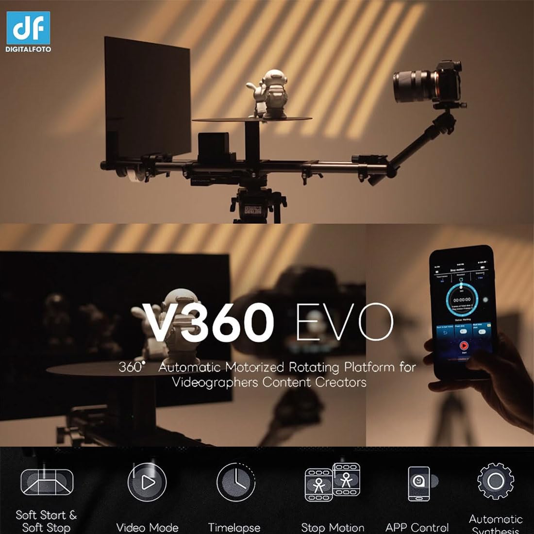 DF DIGITALFOTO Cabine photo motorisée à 360°, 2ème génération, montage sur trépied, plateforme rotative pour photographie de bijoux/parfum, Bullet-Time, V360EVO