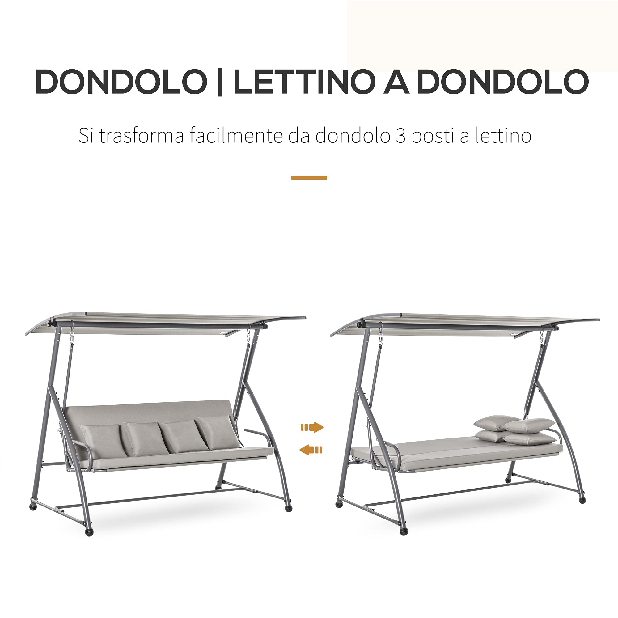 Outsunny Dondolo Letto da Giardino 3 Posti Convertibile in Letto e Tettuccio, Acciaio e Poliestere 218x120x168cm Cachi Chiaro