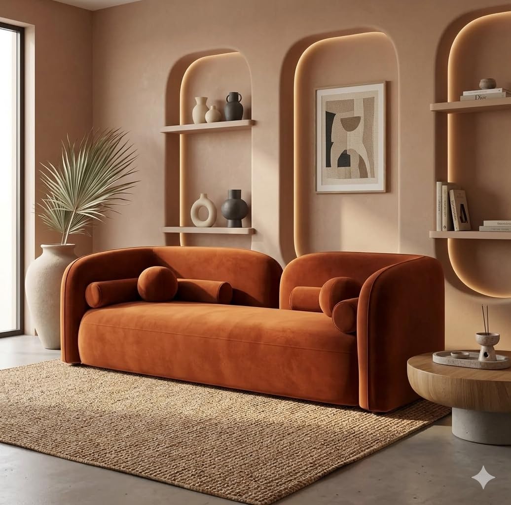 Elma Curved 3 Seater Cloud Sofa Upholstered 3 Seater Sofa Three Seater Sofa for Living Room Hotels & Offices (Orange)-image-6