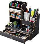 UgyDuky Upgraded Wooden Pencil Holder, Art Supply Organizer, Desktop Pen Organizer with Drawer, Multi-Functional Desktop Stationary Storage for Colored Pencils Pens Markers Office Home School Supplies (black)