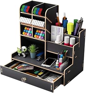 UgyDuky Upgraded Wooden Pencil Holder, Art Supply Organizer, Desktop Pen Organizer with Drawer, Multi-Functional Desktop Stationary Storage for Colored Pencils Pens Markers Office Home School Supplies (black)