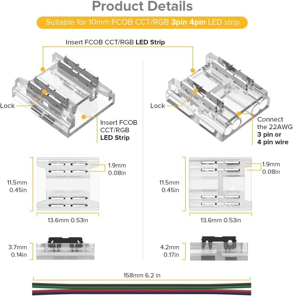BTF-LIGHTING FCOB 4Pin 10mm 0.39in Transparent Connector Kit 30pcs Strip to Wire 30pcs Gapless Solderless Connectors 10pcs 5.9in Long 22AWG Extension Wires Support FCOB 3PIN CCT 4PIN RGB LED Strip - Image 3