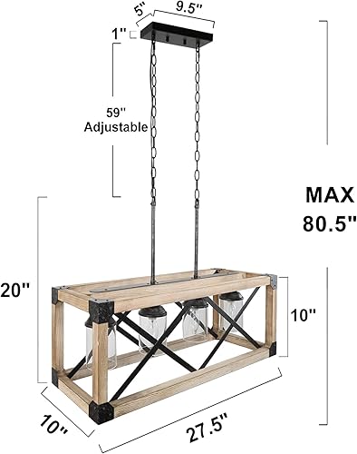 Miniatura 5 de LOG BARN Lámparas colgantes para comedor, lámpara de granja de 4 luces, lámpara rectangular de 27.5 pulgadas con pantallas de vidrio transparente