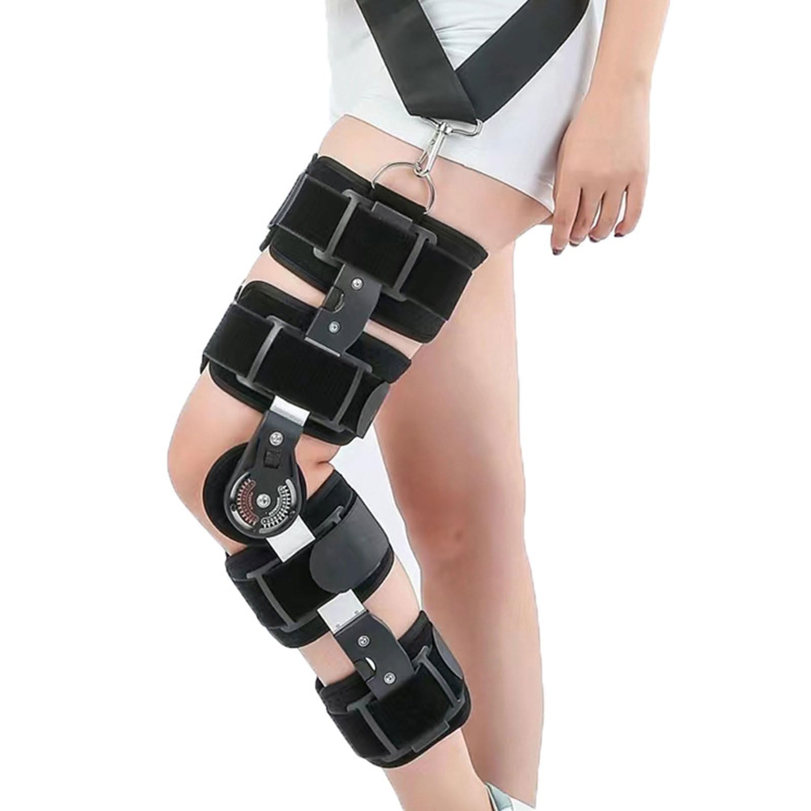 Zawiasowy stabilizator kolana dla mężczyzn i kobiet, regulowany stabilizator kolana, orteza na nogę, konstrukcja z klamrą, z paskiem na ramię, do rehabilitacji ortopedycznej