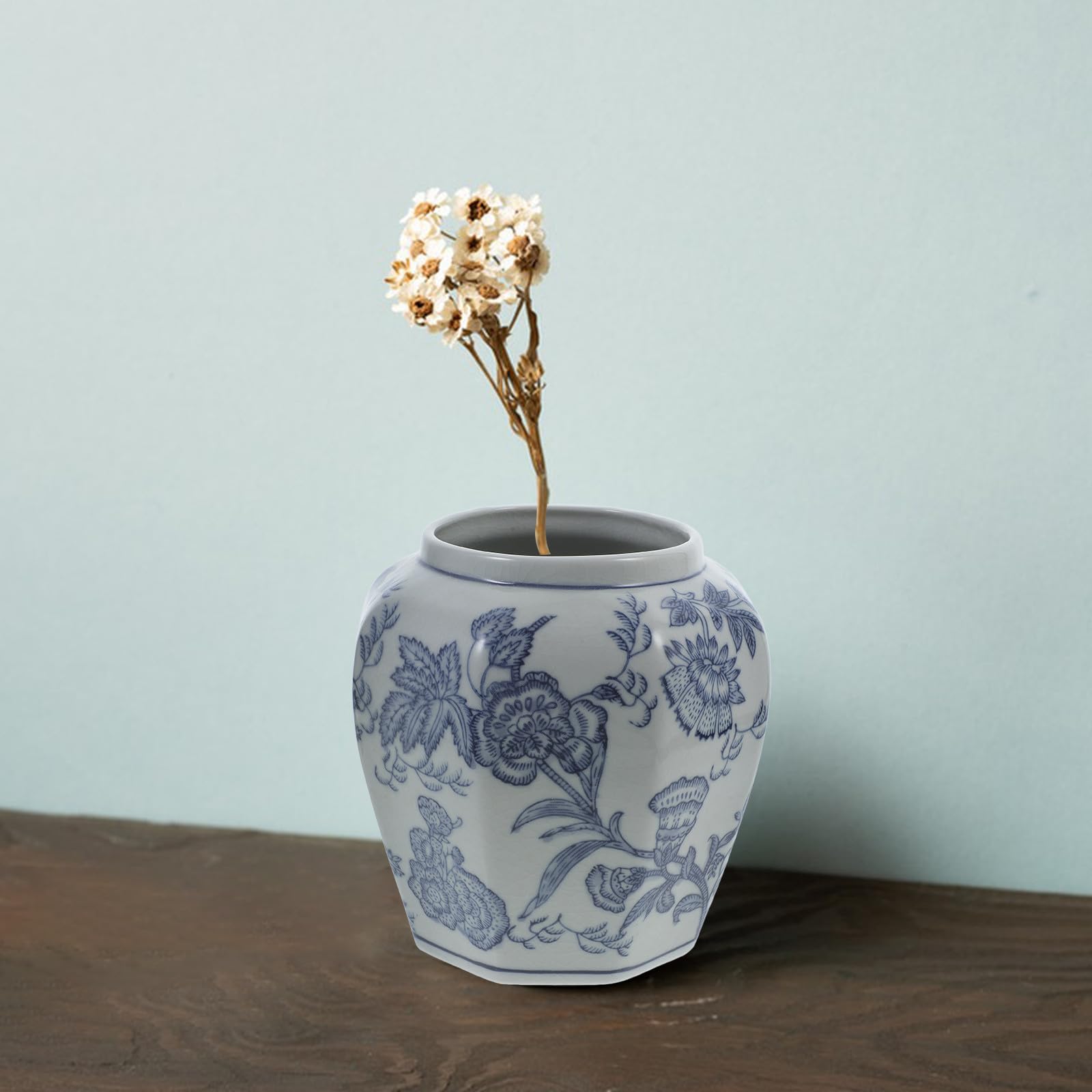 DOITOOL Jarrón Floral de Cerámica Azul Estilo Chino Diseño Delicado y Tacto Agradable para Decoración en Hogares y Entradas