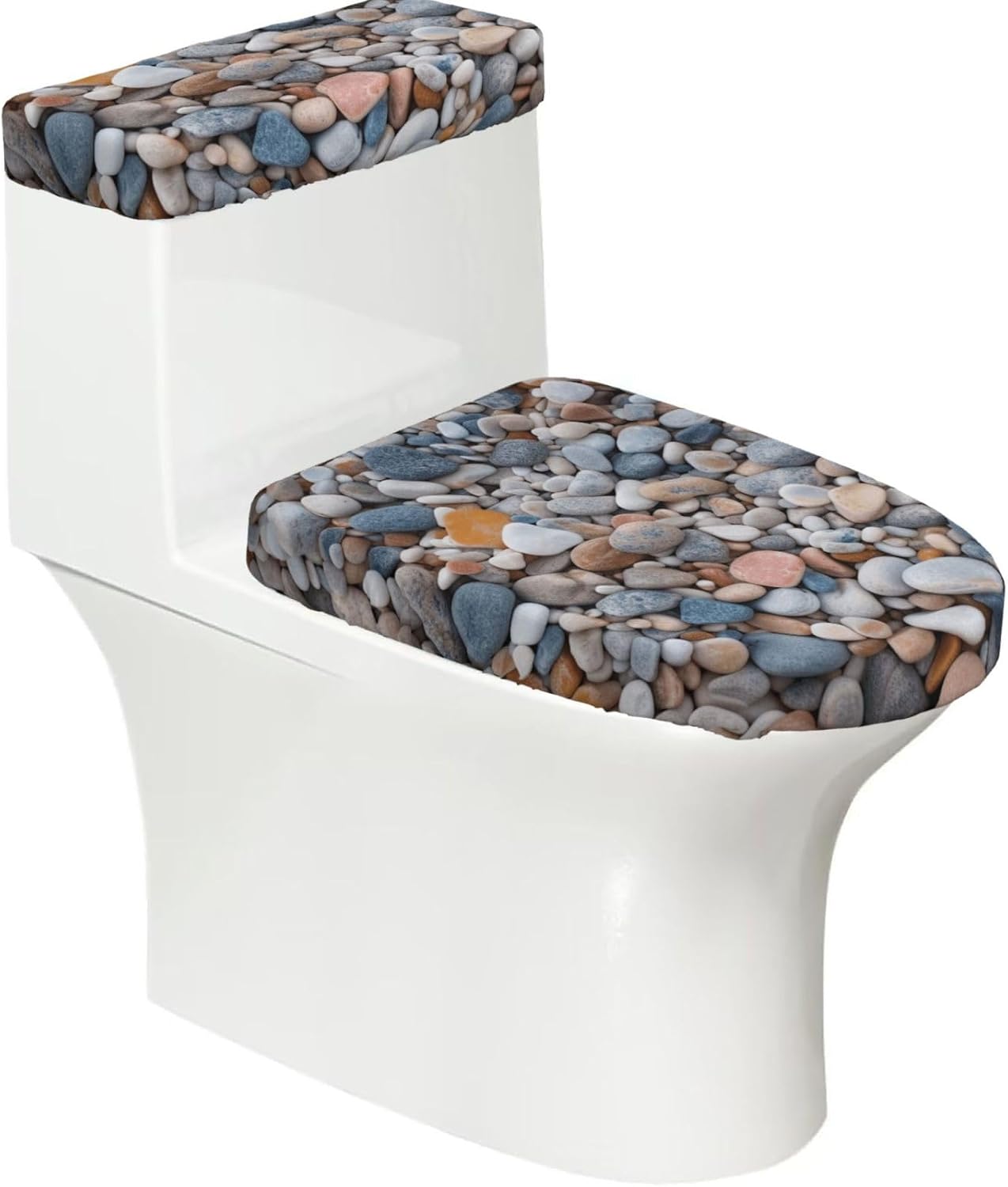 2 Pcs Toilet Lid Cover and Toilet Tank Lid Cover, Washable Toilet Cover with Elastic Bottom Replacement Soft Stretch Toilet Seat Cover Set Beach Colored Pebbles Bathroom Decor