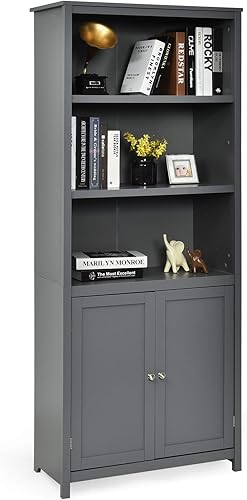 Tangkula Estantería con puertas, estantería abierta de 3 niveles, estantería de madera de pie con puertas dobles, ideal para el hogar, dormitorio,