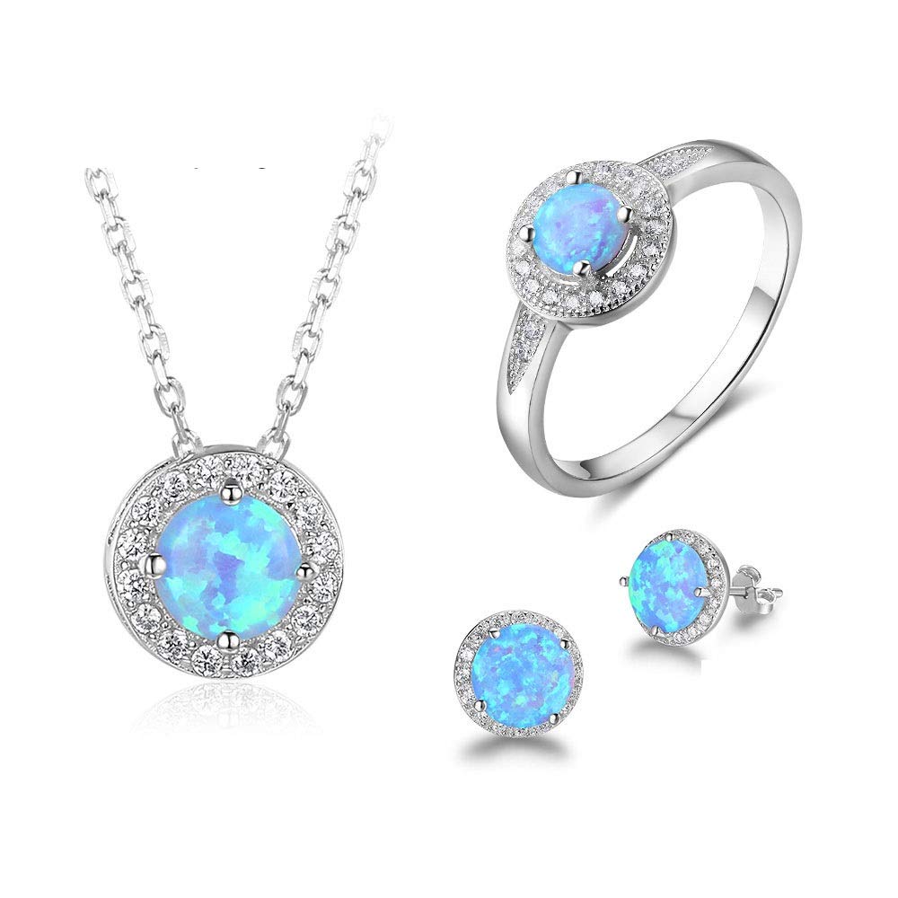 Set di Gioielli in Argento Sterling 925 Sterling Zirconia Blue Opal Pendente Collana Collana Orecchini Anello Set di Gioielli da Sposa