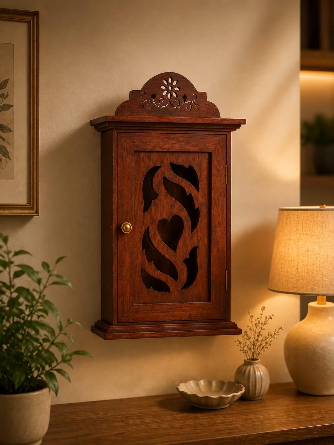 Wooden Key Holder Cabinet Wall Mounted | Handcrafted Carved Design, 6 Sturdy Hooks, Protective Front Door, Stores House & Car Keys, Entryway Organiser-image-41
