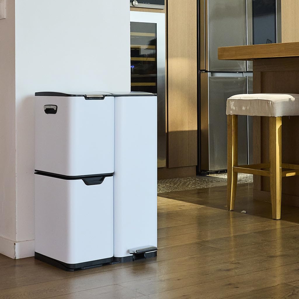 KITCHEN MOVE HAJA Mülleimer für die Küche, mit Tretschalter, Mülltrennung, Recycling, 60 l (13 + 17 + 30 l) aus Edelstahl, weiß, mit Eimer