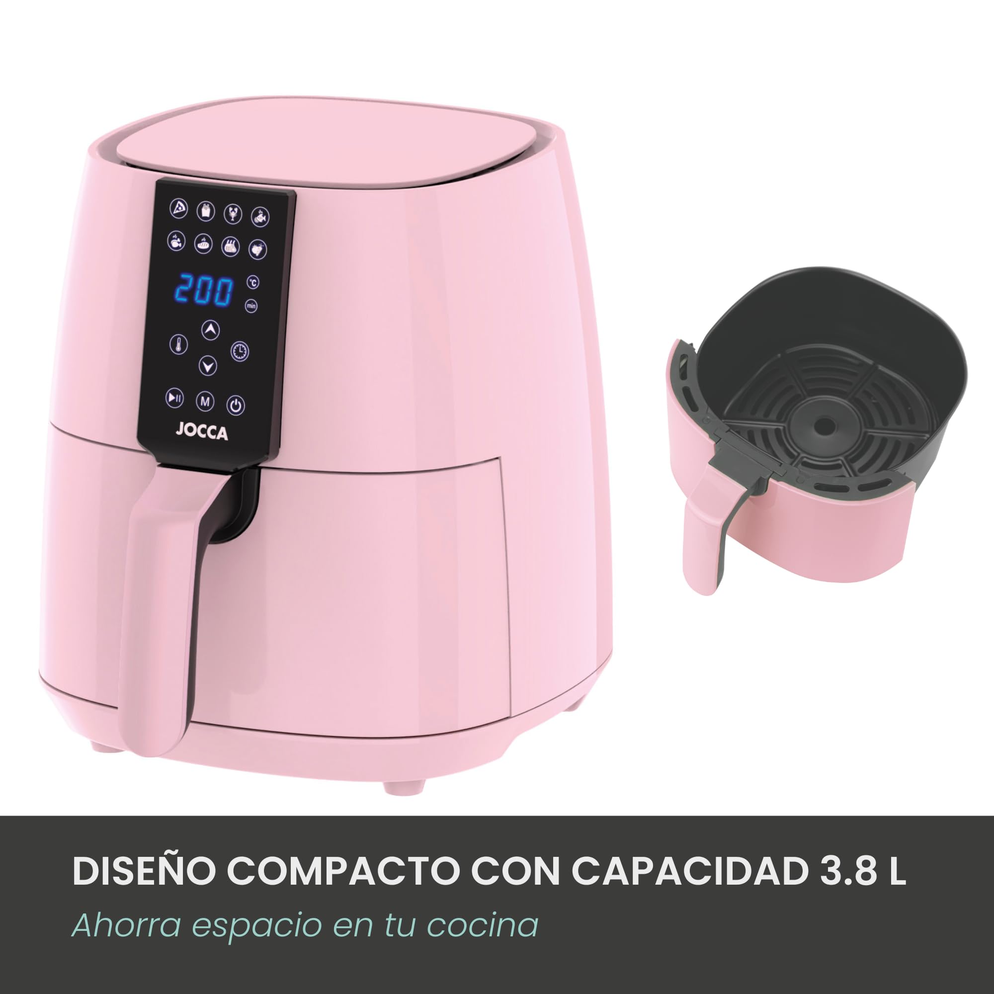 Jocca - Freidora De Aire Sin Aceite 3,8L Rosa, Air Fryer Digital 1450W, 8 Programas Automáticos, Pantalla LED Táctil, Temporizador, Temperatura Ajustable, Recetario Incluido, Fácil De Limpiar