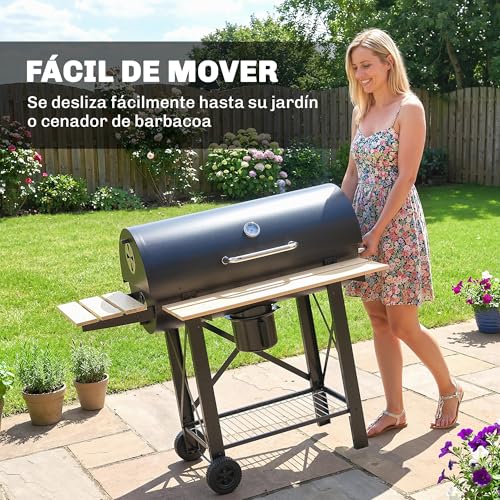 Outsunny Barbacoa de Carbón Portátil, Barbacoa de Carbón Móvil con Estantes Plegables, Termómetro, Tapa, Ventilaciones Ajustables, Recoge Cenizas, Ruedas, Asa, 109x71x98 cm, Negro y Madera Natural